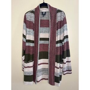Bobeau Petite Open Front Striped Long Cardigan‎ LP Burgundy Gray Olive Soft Knit